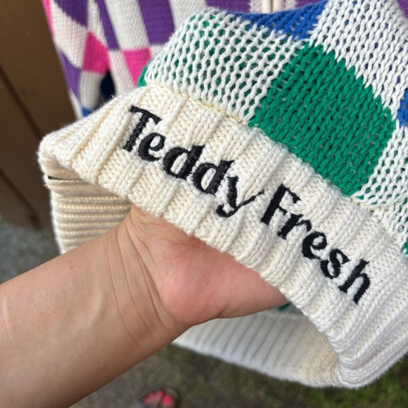 Teddy Fresh Full Zip Knit Hoodie Womens XS/S Checkered Multicolor Oversized - Picture 2 of 15